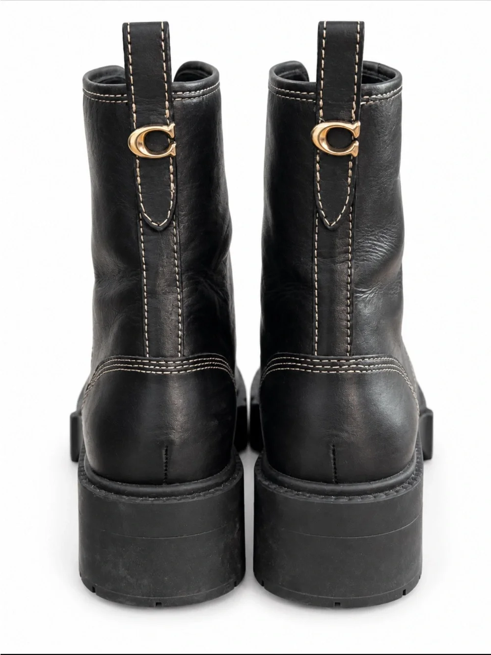 Coach Liza Black Leather Zip-Front Block Heel Ankle Boot with Heavy Chunky Sole